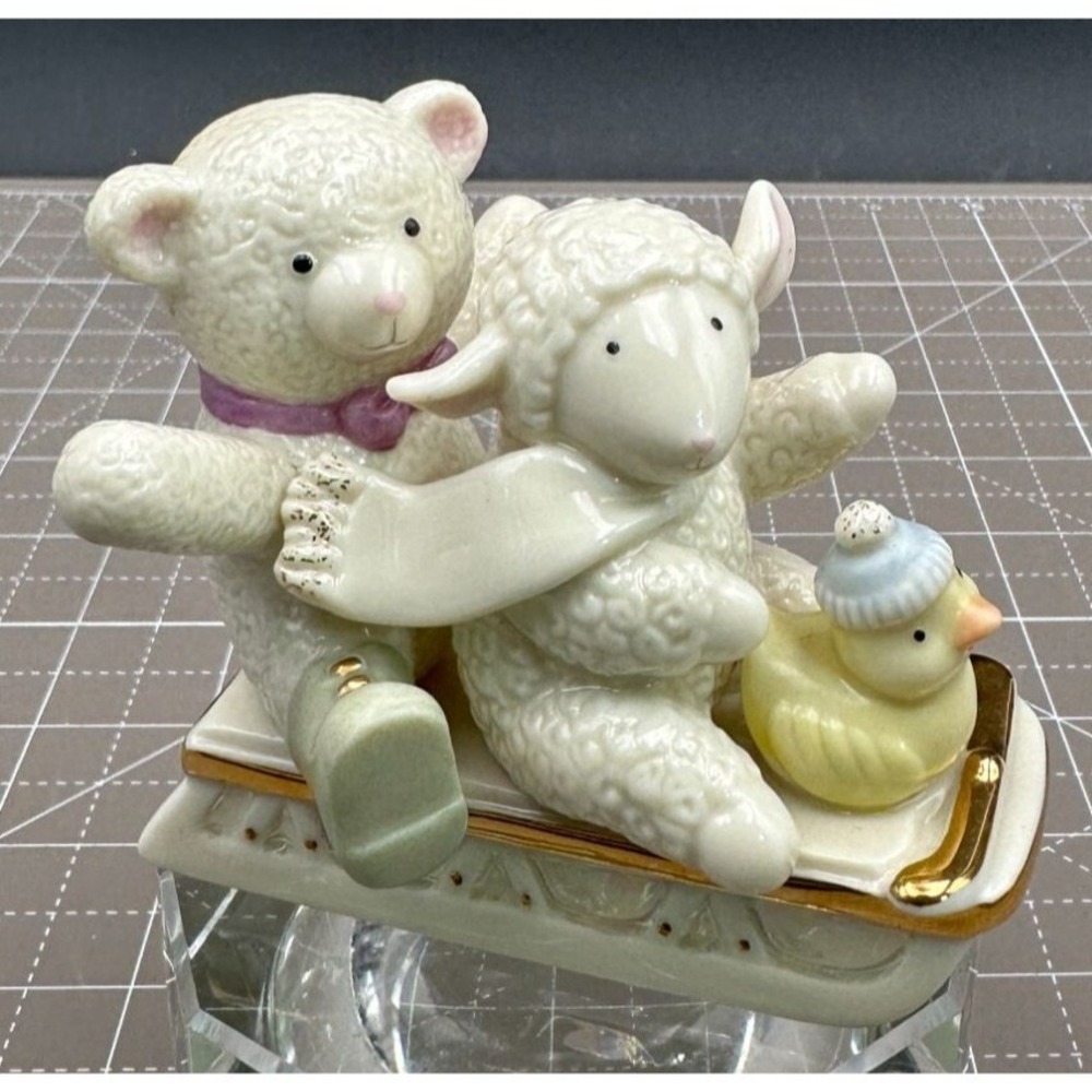 Vintage Lenox Christmas Figure Bear Sheep Chick on Sled Joy Ride 3.5" 2006